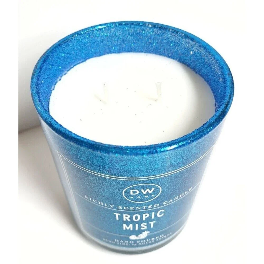 NEW DW Home Tropic Mist Candle 15 oz Blue Glitter Jar 56 Hours BURN Double Wick
